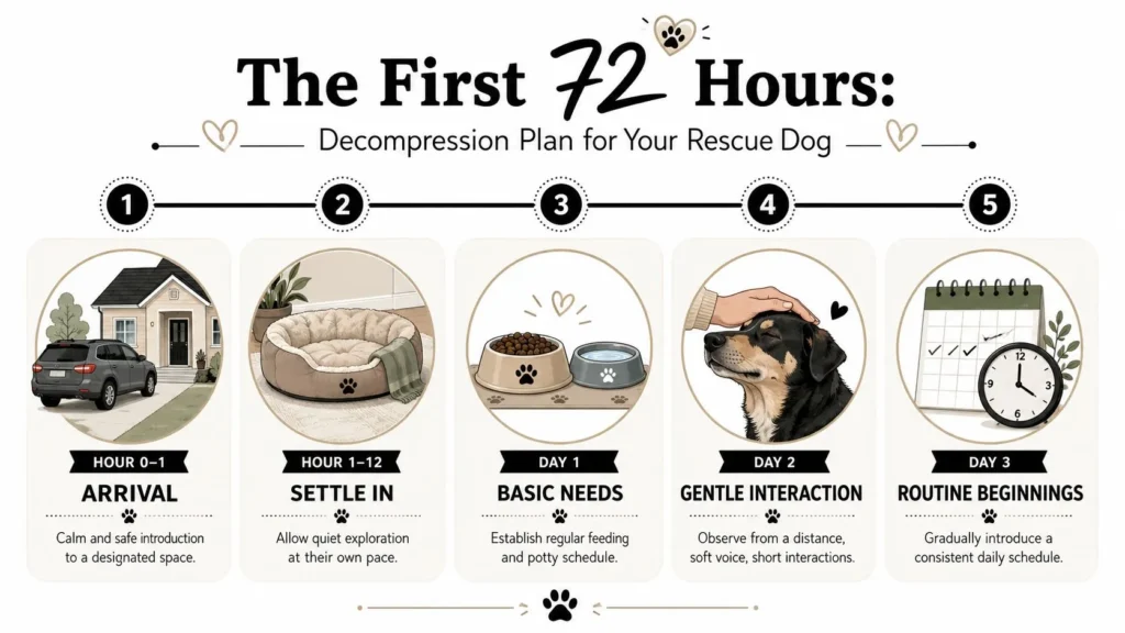 How to Train a Rescue Dog: A Gentle Start Guide Rescue dog decompression plan infographic showing the first 72 hours, from arrival and settling in to routine building.