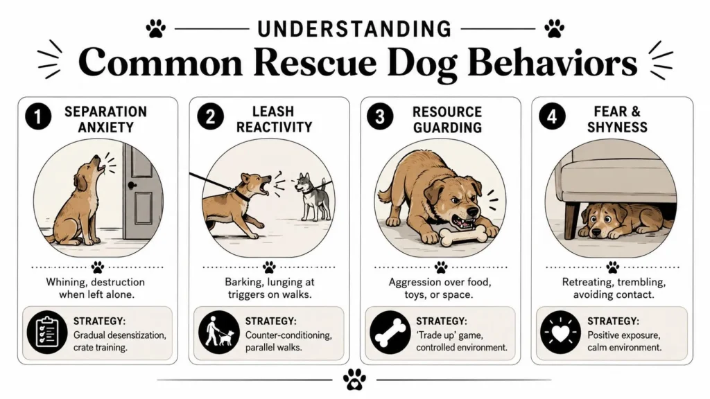 How to Train a Rescue Dog: A Gentle Start Guide Infographic showing common rescue dog behaviors, including separation anxiety, leash reactivity, resource guarding, and fear.