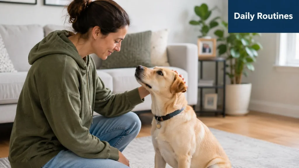 How to Train a Rescue Dog: A Gentle Start Guide Person sitting on the floor at home, gently bonding with a rescue dog as part of a daily routine and trust-building.