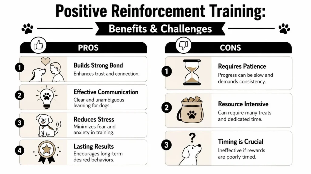How to Train a Rescue Dog: A Gentle Start Guide Positive reinforcement dog training infographic showing benefits, challenges, trust-building, communication, and rewards.