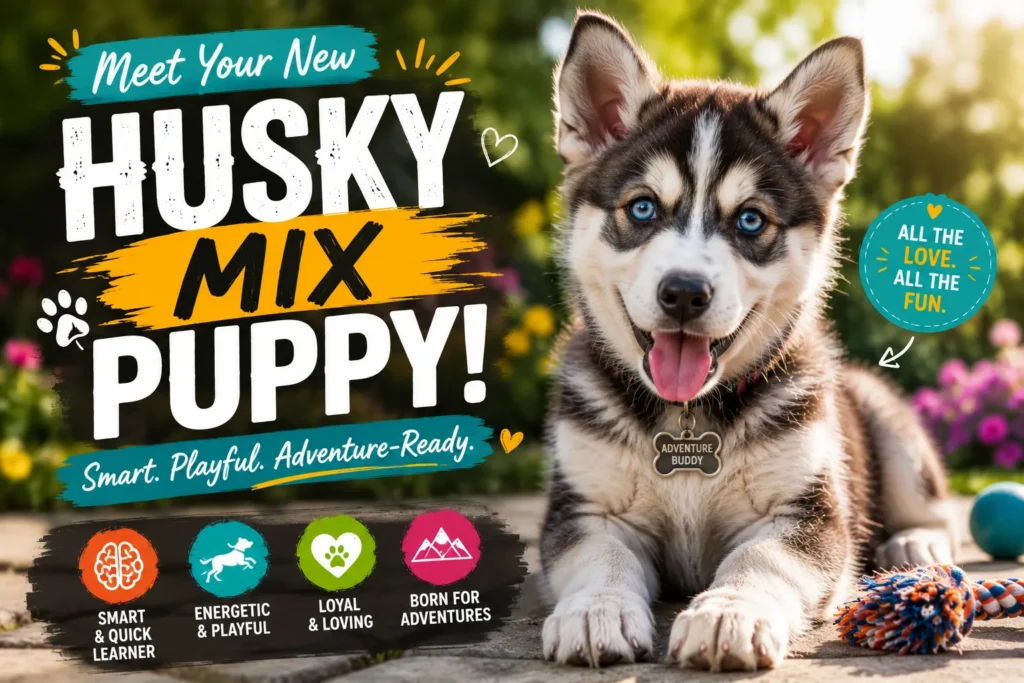 Husky Mix Puppy: Your 2026 Owner's Guide Blue-eyed Husky mix puppy smiling outdoors with colorful graphics highlighting its playful, loyal, adventurous nature.