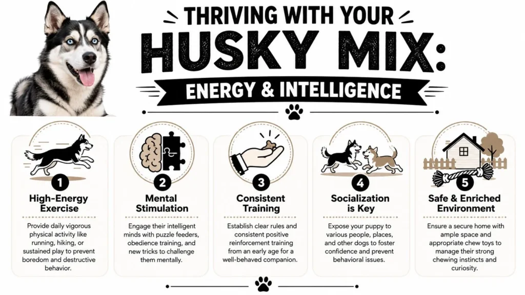 Husky mix care infographic highlighting exercise, mental stimulation, training, socialization, and a safe home environment.