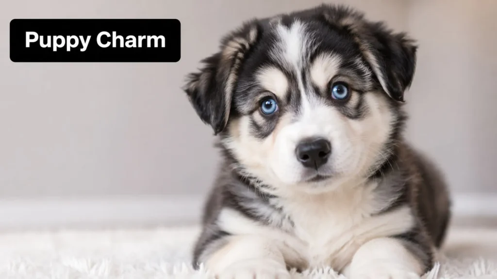 Blue-eyed Husky mix puppy lying on a soft rug, showcasing fluffy fur, striking markings, and an adorable expression.