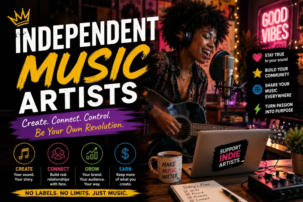 Independent Music Artists: Your 2026 Career Success Guide Independent music artist recording in a home studio, promoting creativity, fan growth, and music career freedom.