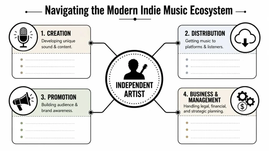 Infographic of the indie music ecosystem showing creation, distribution, promotion, and business management for artists.