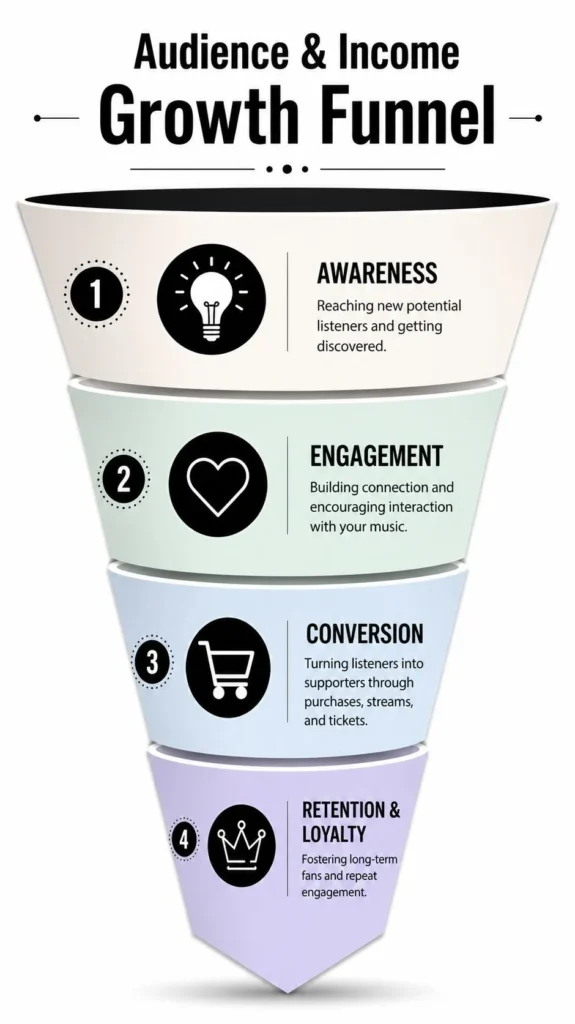 Independent Music Artists: Master Success in 2026 Audience and income growth funnel infographic showing awareness, engagement, conversion, and loyalty stages for music artists.