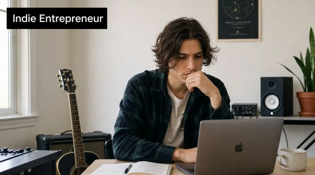 Independent musician working from a home studio, focused on a laptop with guitar, speakers, and notebook nearby.