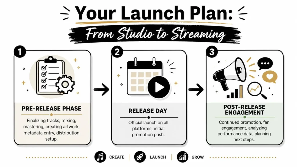 Indie music release roadmap showing pre-release prep, launch day distribution, and post-release promotion strategy.