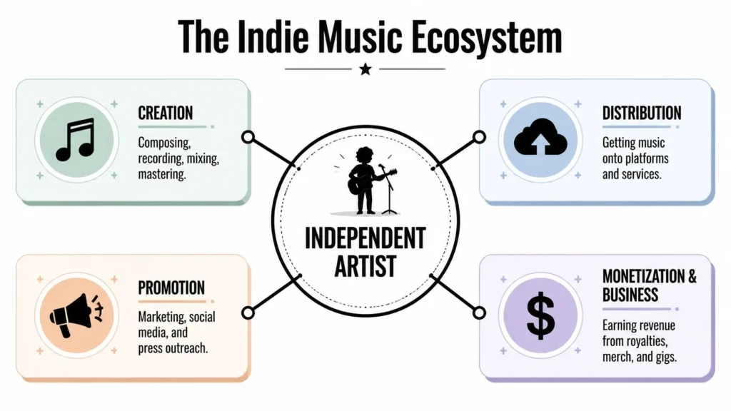 Independent Music Artists: Master Success in 2026 Infographic of the indie music ecosystem showing creation, distribution, promotion, and monetization for independent artists.