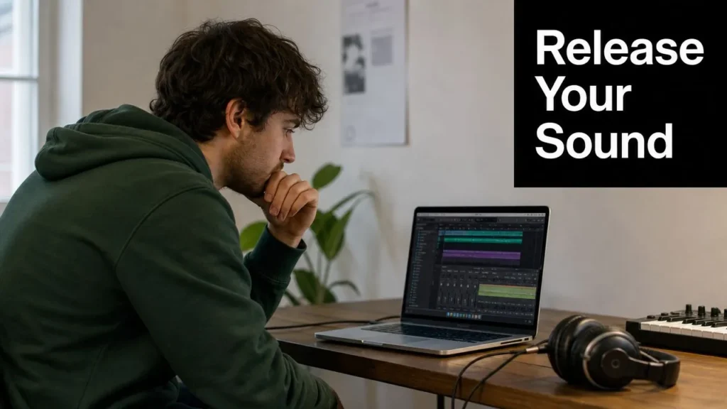 Independent Music Artists: Master Success in 2026 Independent music producer reviewing a track on a laptop in a home studio, preparing to release new music.