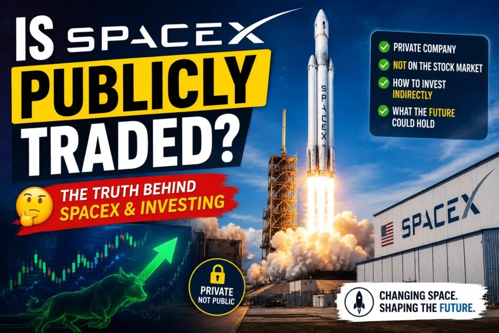 SpaceX rocket launch with stock market graphics exploring whether SpaceX is publicly traded and investment options.