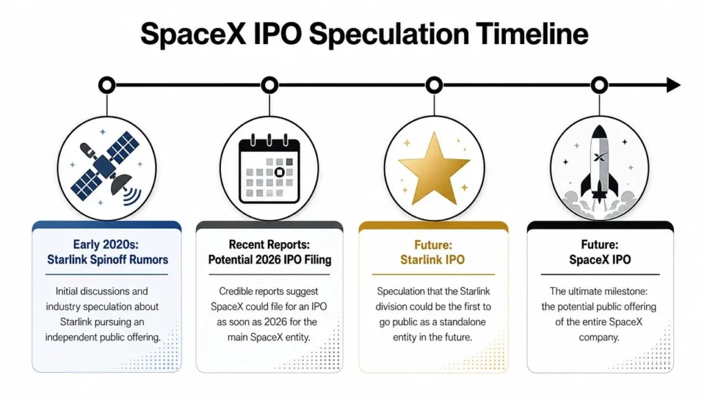 Is SpaceX Publicly Traded? a 2026 Investor Guide Infographic timeline of SpaceX IPO speculation, from Starlink spin-off rumors to potential future public offerings.
