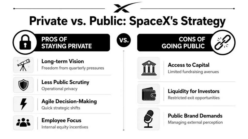 Is SpaceX Publicly Traded? a 2026 Investor Guide Infographic comparing SpaceX staying private versus going public, outlining benefits, trade-offs, and challenges.