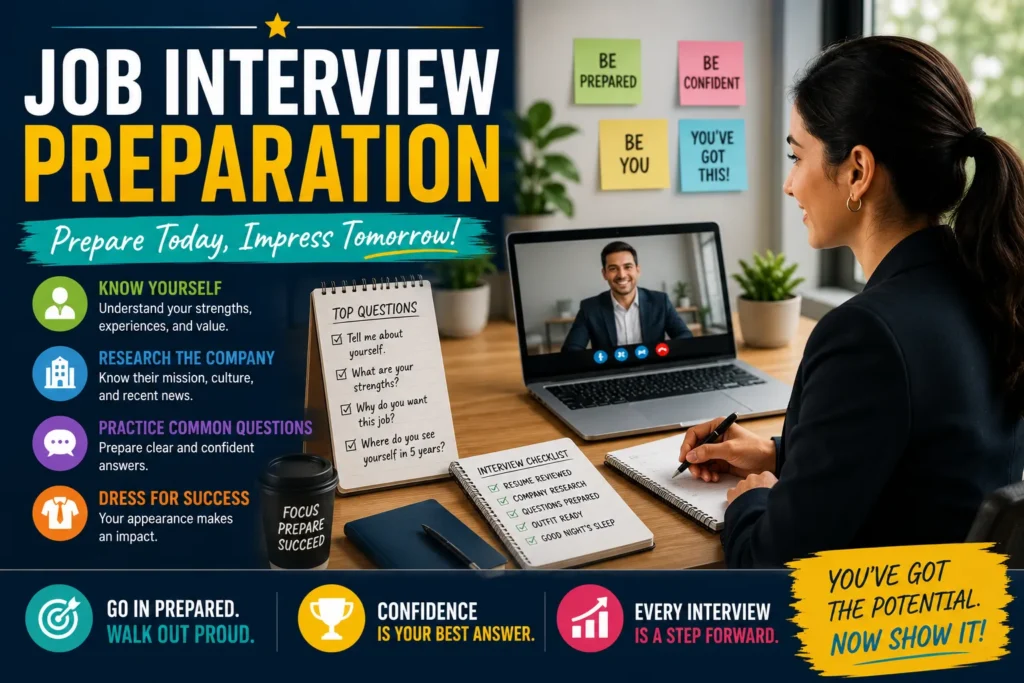 Professional preparing for a job interview during a video call, with notes, checklist, and career success tips.