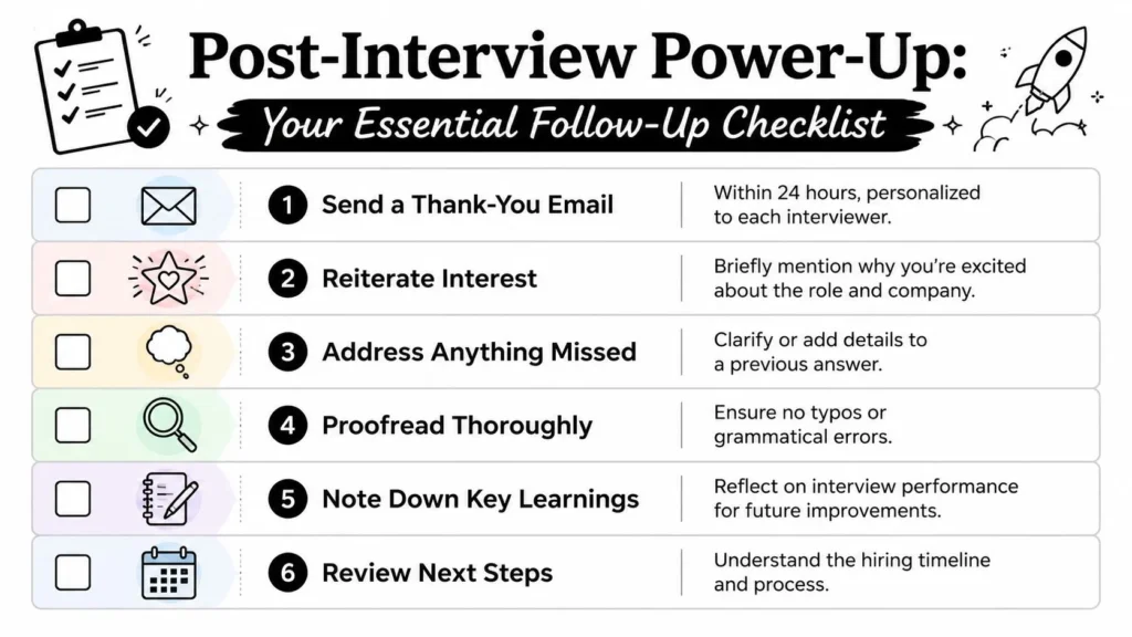 Job Interview Preparation: Your Guide to Success in 2026 Post-interview follow-up checklist with thank-you email, interest reminder, proofreading, and next steps tips.