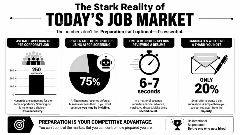 Job Interview Preparation: Your Guide to Success in 2026 Infographic showing job market statistics: 250 applicants, 75% AI screening, 6–7 second resume reviews, 20% thank-you notes.