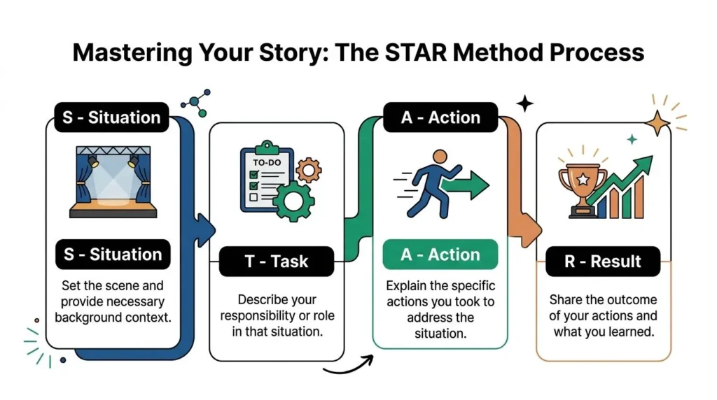 Job Interview Preparation: Your Guide to Success in 2026 STAR method infographic showing Situation, Task, Action, and Result steps for answering interview questions.