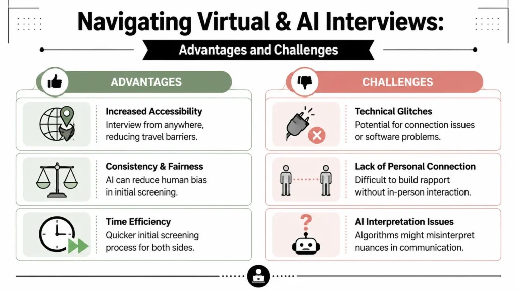 Job Interview Preparation: Your Guide to Success in 2026 Infographic comparing advantages and challenges of virtual and AI interviews, including accessibility and technical issues.
