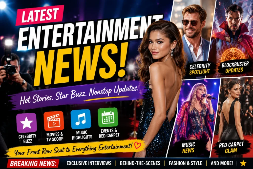 Latest entertainment news cover featuring red carpet stars, music performances, celebrity updates, and movie buzz.