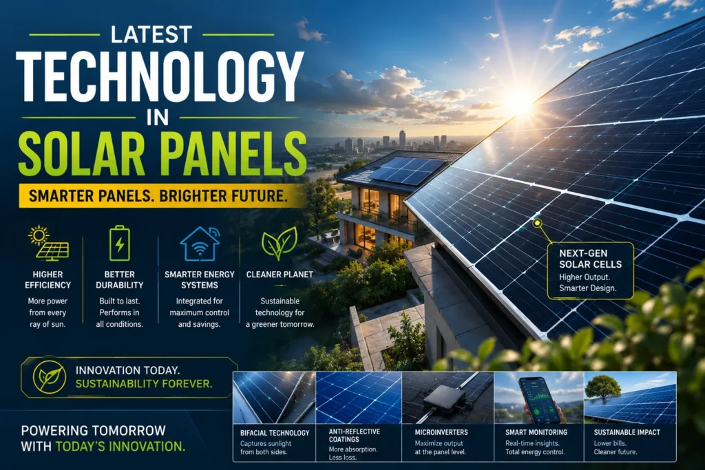 Latest Technology in Solar Panels: 2026 Guide Modern solar panels on a smart home, highlighting next-generation solar technology, efficiency, and clean energy innovation.