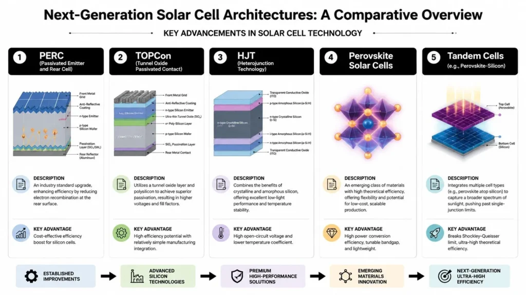 Latest Technology in Solar Panels: 2026 Guide Infographic comparing next-generation solar cell technologies: PERC, TOPCon, HJT, perovskite, and tandem cells.