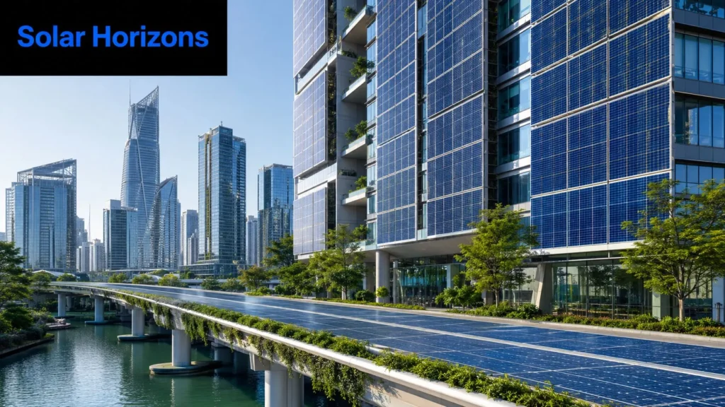 Latest Technology in Solar Panels: 2026 Guide Futuristic solar-powered cityscape with solar panel-clad buildings and elevated solar roadway beside a canal.