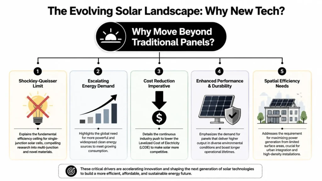 Latest Technology in Solar Panels: 2026 Guide Infographic explaining why new solar technologies matter, covering efficiency limits, demand, cost, durability, and space use.