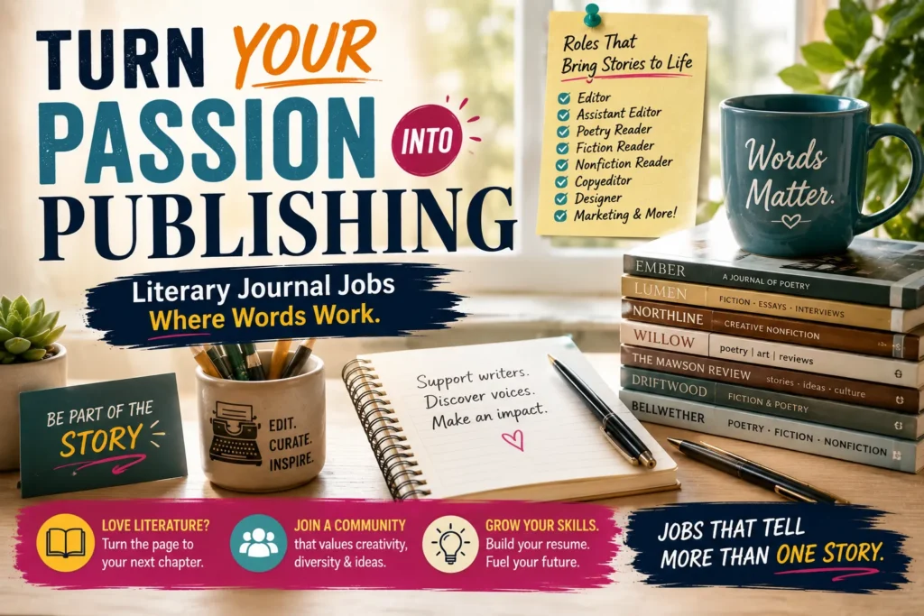 Creative literary journal jobs workspace with books, notebook, and publishing career tips for aspiring editors and readers.