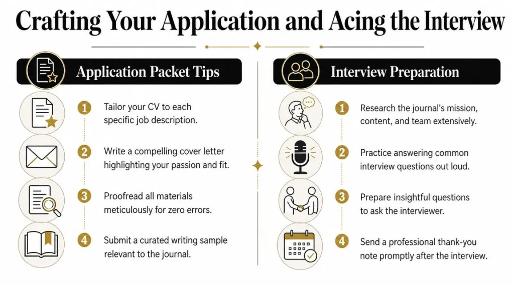 Literary Journal Jobs: Your 2026 Career Guide Infographic with tips for job applications and interviews, including CV writing, cover letters, and preparation.