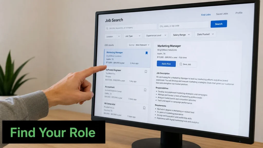 Literary Journal Jobs: Your 2026 Career Guide Person pointing at job listings on a computer screen, illustrating an online job search and career opportunities.