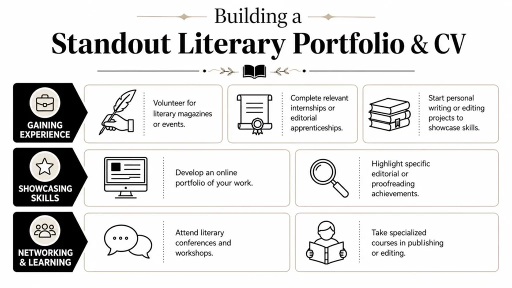 Literary Journal Jobs: Your 2026 Career Guide Infographic on building a standout literary portfolio and CV through experience, skills, networking, and training.