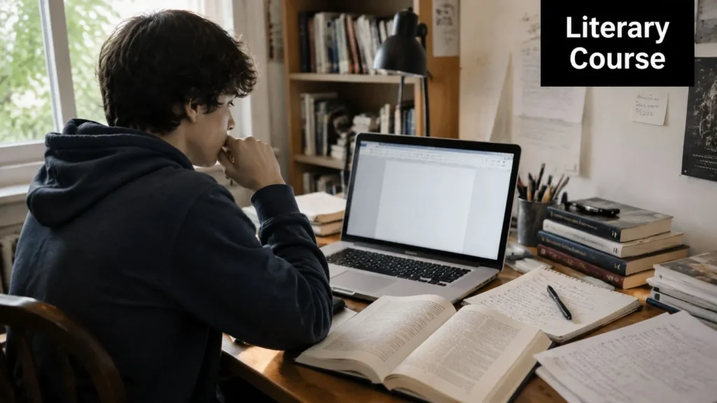 Literary Journal Jobs: Your 2026 Career Guide Student studying at a desk with books, notes, and a laptop, illustrating a literary course or writing program.