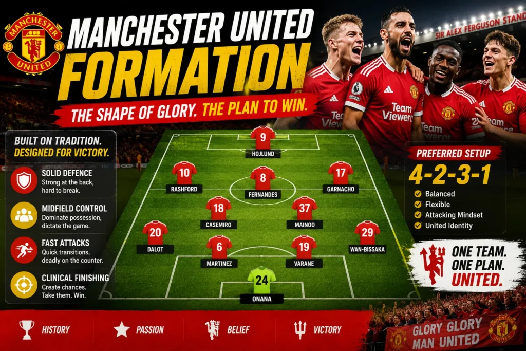 Manchester United formation graphic showing a 4-2-3-1 lineup, tactical setup, key positions, and team strategy.