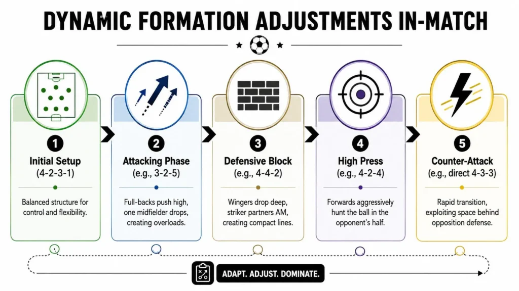 Manchester United Formation: A Tactical Explainer for 2026 Dynamic football tactics infographic showing in-match formation shifts from 4-2-3-1 to attacking, pressing and counterattack setups.