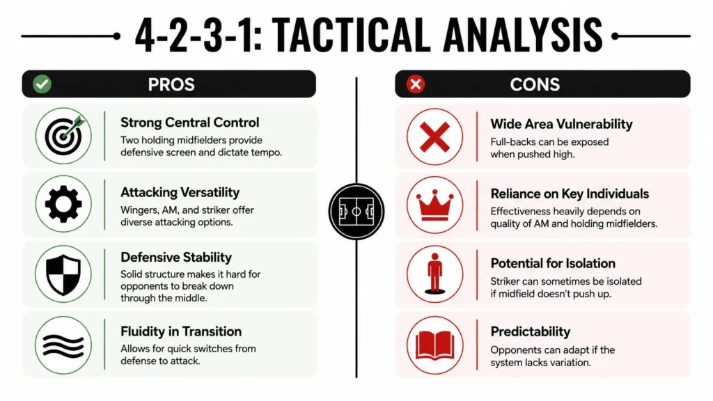 Manchester United Formation: A Tactical Explainer for 2026 4-2-3-1 tactical analysis infographic showing key advantages, weaknesses, central control, versatility, and defensive stability.