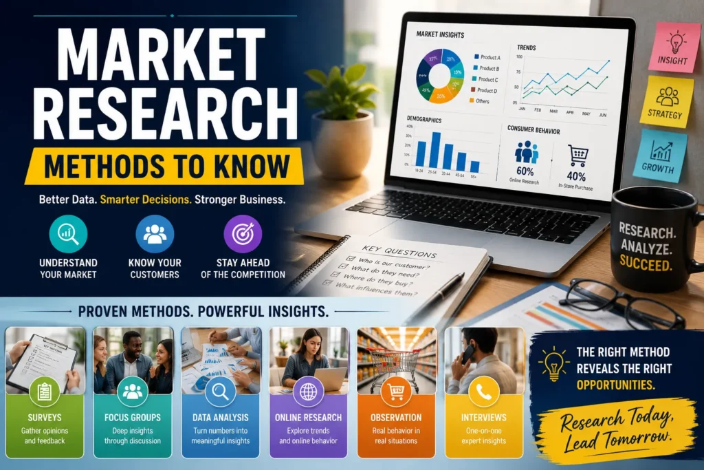 Market research methods infographic featuring surveys, focus groups, data analysis, and consumer insights on a laptop dashboard.