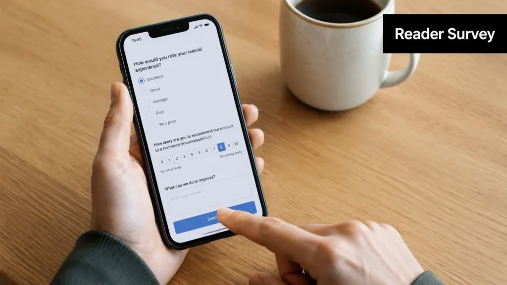 10 Market Research Methods to Know in 2026 Person completing a customer feedback survey on a smartphone beside a coffee mug on a wooden table.