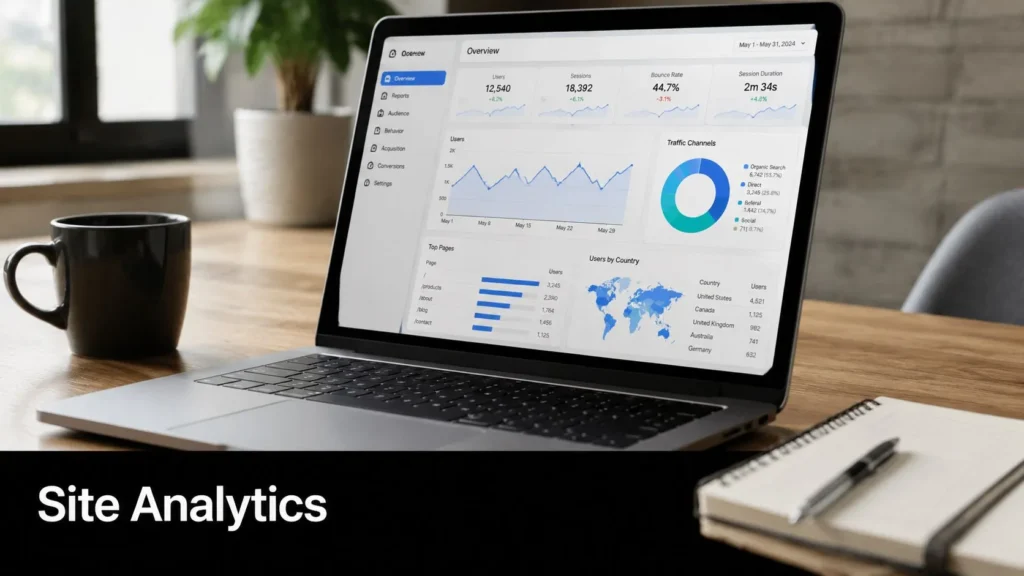 10 Market Research Methods to Know in 2026 Laptop displaying website analytics dashboard with traffic charts, user metrics, and reports on a desk.
