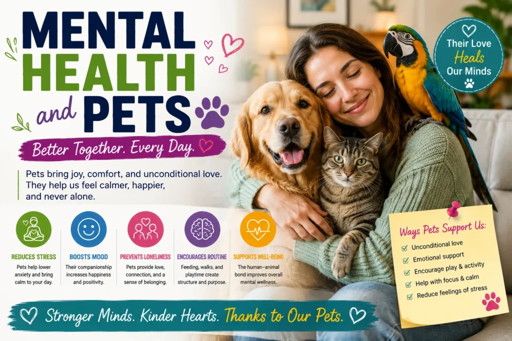 Woman cuddling a dog and cat with a colorful parrot, highlighting the mental health benefits of pet companionship.