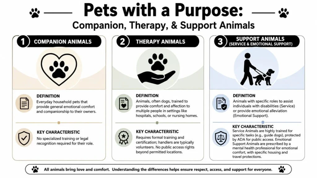 Mental Health and Pets: Your 2026 Guide Infographic comparing companion pets, therapy animals, and service or emotional support animals and their roles.