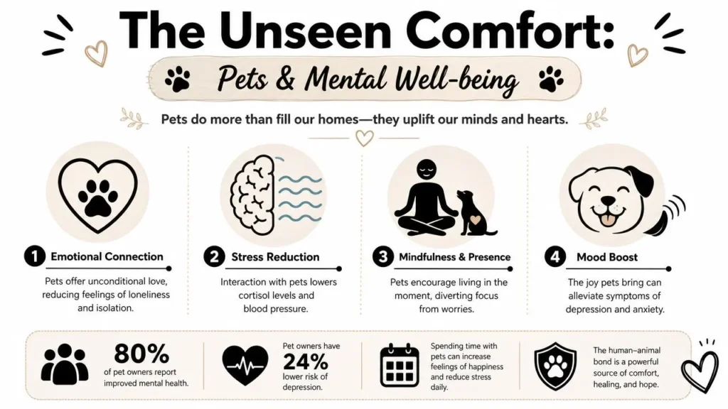 Mental Health and Pets: Your 2026 Guide Infographic showing how pets support mental well-being through emotional connection, stress relief, mindfulness, and mood improvement.