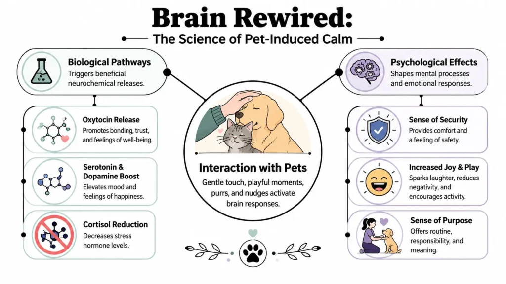 Mental Health and Pets: Your 2026 Guide Infographic explaining how pets promote calm through oxytocin release, stress reduction, emotional security, and joy.