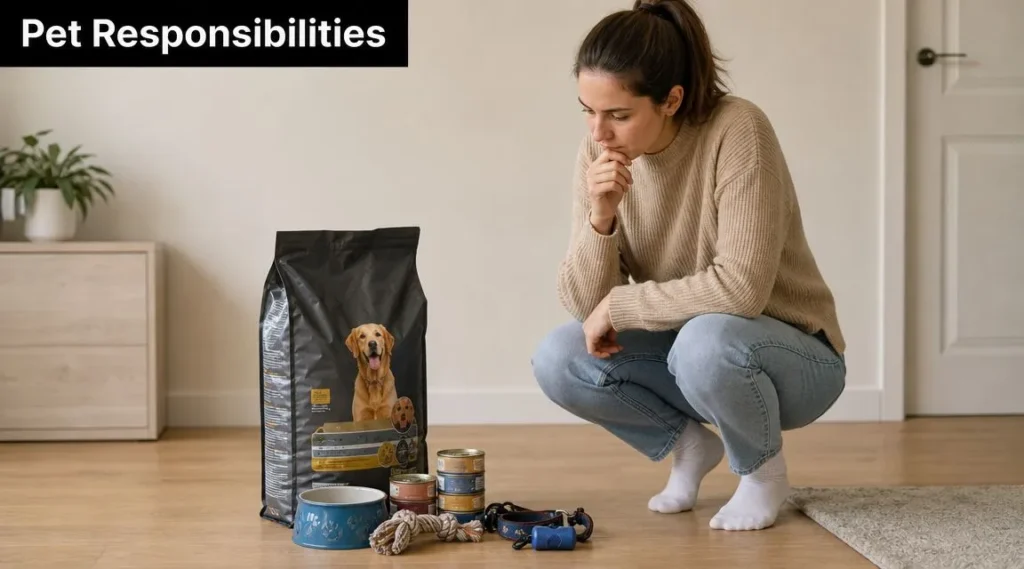 Mental Health and Pets: Your 2026 Guide Person considering pet ownership while looking at dog food, supplies, toys, and care essentials at home.