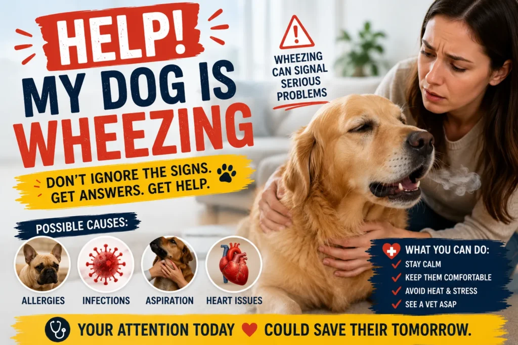 Help! My Dog Is Wheezing: Vet-Approved Guide 2026 Concerned owner comforting a wheezing dog, with pet health warning signs, causes, and emergency care tips.