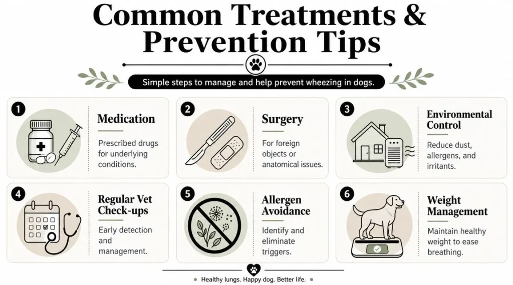 Infographic showing dog wheezing treatments and prevention tips, including medication, surgery, allergen control, and vet visits.
