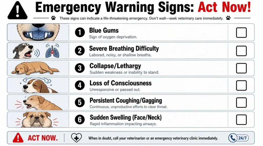Infographic listing emergency dog wheezing warning signs, including blue gums, breathing distress, collapse, and swelling.