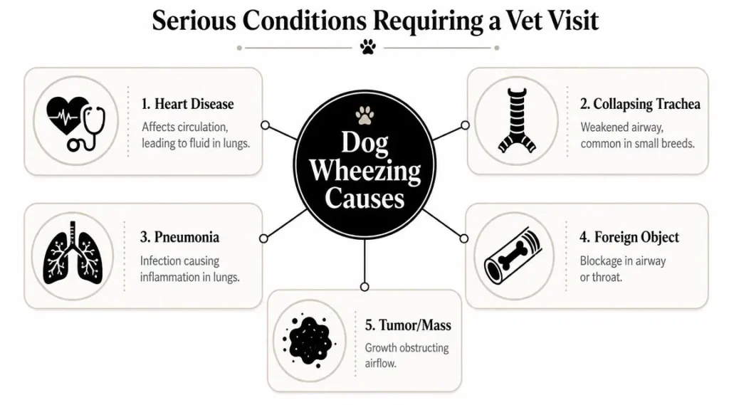 Infographic showing serious causes of dog wheezing, including heart disease, pneumonia, trachea issues, and airway blockage.