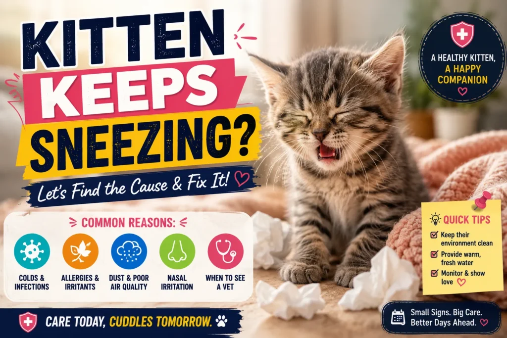 My Kitten Keeps Sneezing: What to Do and When to Worry Sneezing kitten on a cozy blanket with pet care tips, highlighting common causes of frequent kitten sneezing.