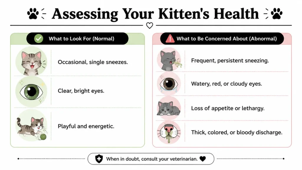 My Kitten Keeps Sneezing: What to Do and When to Worry Infographic on kitten health showing normal sneezing signs versus warning symptoms that may require veterinary care.