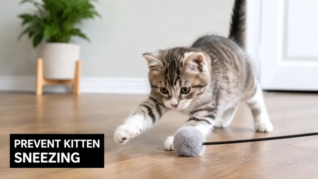 My Kitten Keeps Sneezing: What to Do and When to Worry Playful kitten batting a toy indoors, illustrating healthy activity and tips to help prevent kitten sneezing.